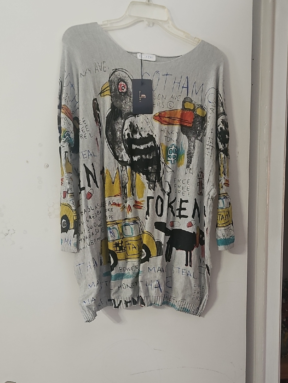 Ellazhu Gray Graphic Bird & Taxi Print Pullover with Yellow & Teal Accents
